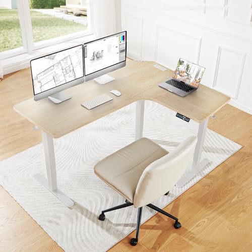 Image of HUANUO 63″ L-Shaped Standing Desk, Built-in Power Outlets, Electric Height Adjustable Corner Computer Desk, Large Power Strip Holder, Sit Stand Up Desk with 3 Preset Heights, Natural Wood