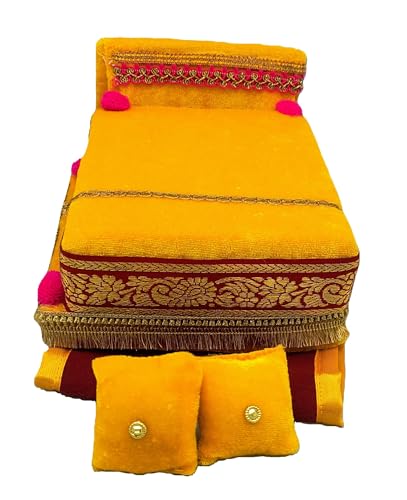Image of RD Handicraft Thakur ji Bed, Laddu Gopal ji Bed, Bal Gopal ji Bed with Blanket Silk All Purpose Bed |Yellow (17x16x10 cm)