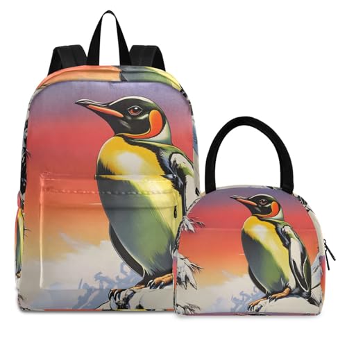 Backpack Lunch Box Set Large Capacity Travel Backpacks and Insulated Lunch Bag for Commute Hiking Picnic Snow Penguin Print