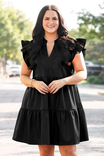 Image of Fisoew Plus Size Dresses for Women Summer Ruffle Short Sleeve V Neck Dress Tiered Swing A Line Babydoll Mini Dress