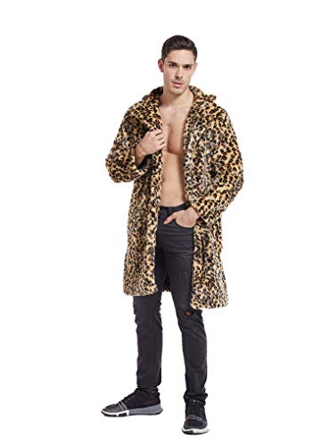 Image of UMREN Mens Warm Leopard Faux Fur Coats Jacket Long Luxury Overwear Parka Cardigans