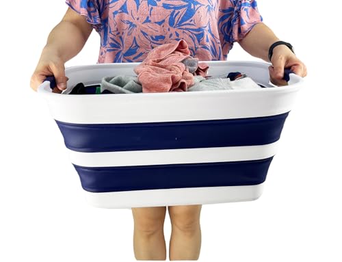 Image of SAMMART Collapsible Plastic Laundry Basket with Handle /Foldable Pop Up Storage Hamper /Portable Laundry Organizer-Space Saving Washing Tub /Household Storage (White /Starry Blue, 27L)