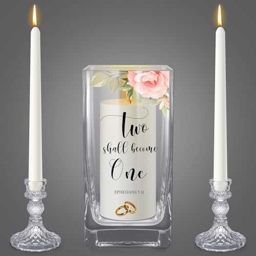 FoldTier Unity Candles with Holder for Wedding Ceremony Set 1 6 Pillar 2 9.8 Taper Candles 3 Candlestick for Religious Formal Events Church(Flower)