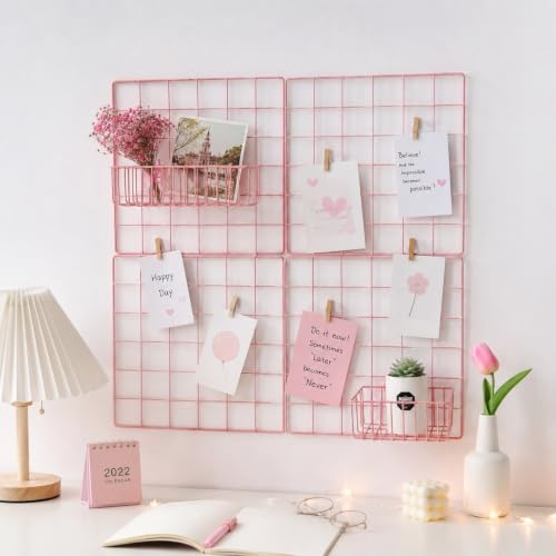 Image of Metal Wire Grid Photo Display Frame for Wall, 30 x 30 cm Iron Mesh Memo Board | Wall Hanging Picture & Photo Organizer |Home, Bedroom & Office Decor (Pink)