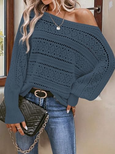 Image of Cakulo Womens Off Shoulder Sweater Top Fall Outfits Fashion 2025 Oversized Knit Batwing Long Sleeve Crochet Pullover Sweaters