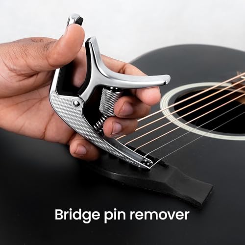 Image of Kadence CAP-S01 Touring Series Professional 3-in-1 Guitar Capo | Quick-Change Aluminium Alloy Capo with Adjustable Tension, Pick Holder & Bridge Pin Remover | For Acoustic & Electric Guitars | Silver