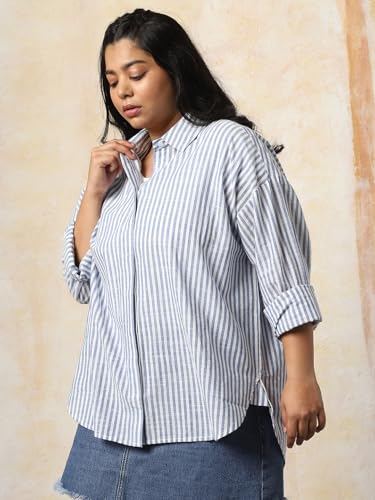 Image of HIGH Star Oversized Striped Cotton Shirt for Women | Stylish Tops for Women | Comfortable and Trendy Casual Shirt