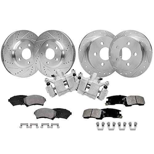 Image of Detroit Axle - Brake Kit for 2000-2005 Chevy Impala Monte Carlo 1998-1999 Oldsmobile Intrigue Front & Rear Drilled & Slotted Brake Rotors Ceramic Brakes Pads Rear Brake Calipers Replacement