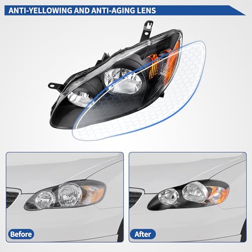 Image of oEdRo Headlight Assembly Compatible with 2003 2004 2005 2006 2007 2008 Corolla Headlamp with Amber Reflector Clear Lens Black Housing