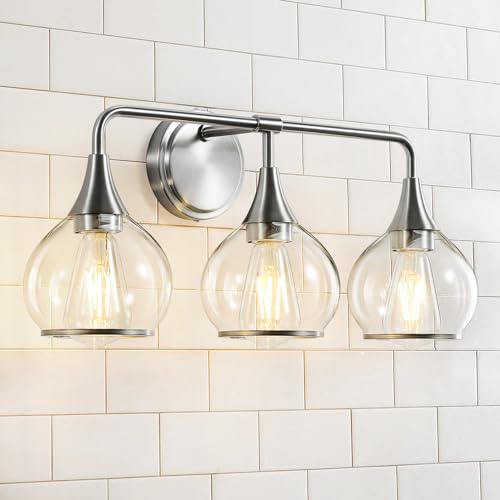 Image of Brushed Nickel Bathroom Vanity Light 3 Lights Bathroom Light Fixtures Over Mirror with Clear Glass Shade 22.4 inch Wall Sconces Lighting Bath(Exclude E26 Bulb)