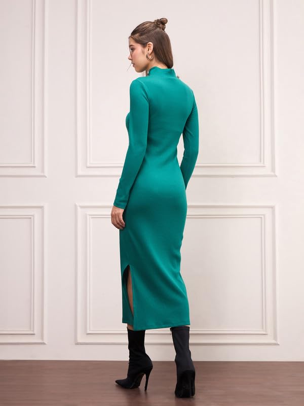 Image of Sassafras Women Bottle Rib High Neck Front Zipper Bodycon Midi Dress