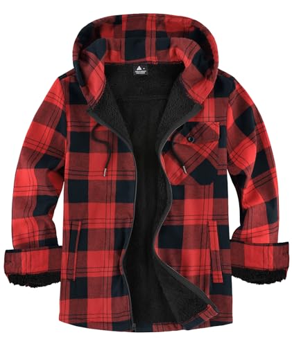 SCODI Men's Flannel Plaid Jacket Warm Sherpa Lined Fleece Hoodies for Men Zip Up Thick Jackets Winter Coat with Pocket