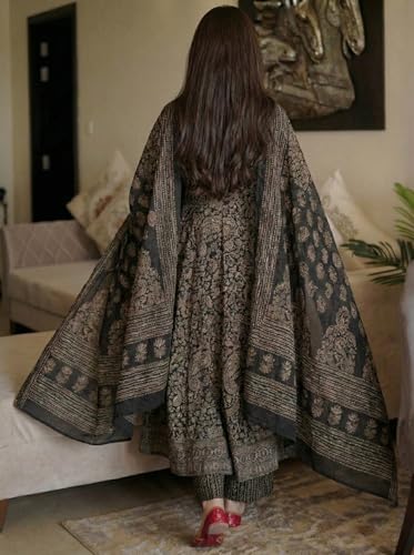 Image of ANNI Designer Women Printed Anarkali Kurta Palazzo Dupatta Set | Viscose Blend Ethnic Outfit | Flared Kurti with Bottom Wear