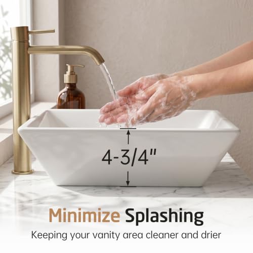Image of KES 17 inch Square Vessel Sink for Bathroom Vanity Countertop, Glossy White Ceramic Porcelain Bathroom Sink Bowl Above Counter, Modern Look, BVS141