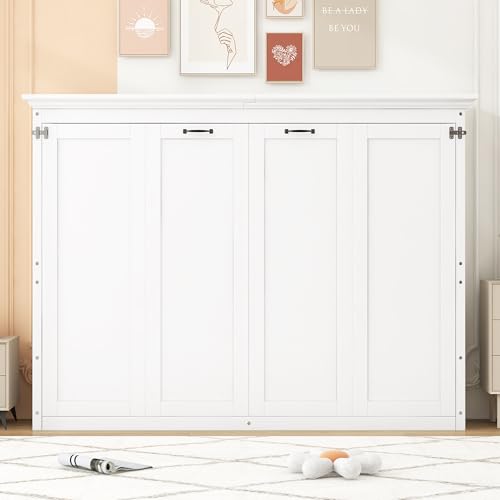 MERITLINE Full Horizontal Murphy Bed Cabinet with Desk, Solid Wood Farmhouse Murphy Bed Frame for...