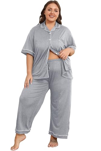 Image of Vozanet Women's Plus Size Pajamas Button Down Shirt and Pants Soft Lounge Sets Bride Nighty Bottom with Pockets 1x to 5x
