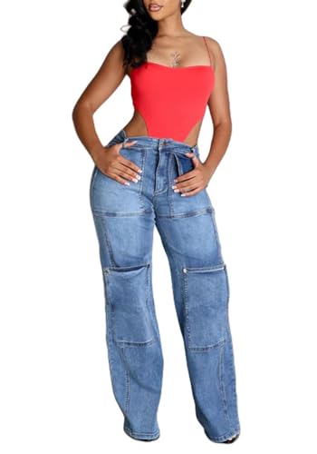 Women's Cargo Jeans Y2k High Waisted Patchwork Boyfriend Tie Dye Jeans Straight Leg Denim Pants