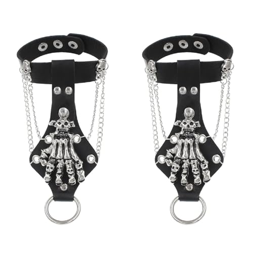 MIAO JIN 2Pcs Skeleton Hand Bracelet,Gothic Punk Rock Spike Skull Ghost Leather Cuff Bracelet Accessories With Claw Finger Wristband,Halloween Jewelry Decoration for Women Men on Party,Black