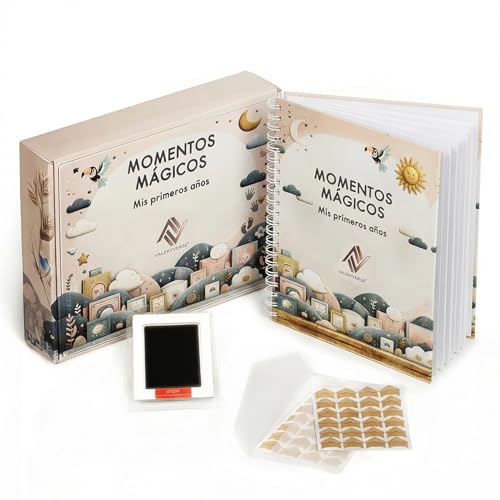Libro de Recuerdos para Bebé - Álbum Primer Año del Bebe, Kit de Huellas, Esquinas adhesivas para Fotos y Sobre para Recuerdos -Unisex- Regalo Original - Incluye Guia para Padres Primerizos