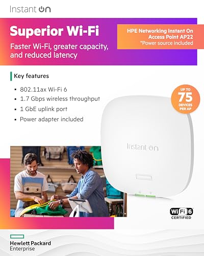 Image of HPE Networking Instant On Access Point AP22 2x2 WiFi 6 Indoor Wireless Access Point | Long Range, Secure, Smart Mesh Support | Power Source Included | US Model (R6M49A)