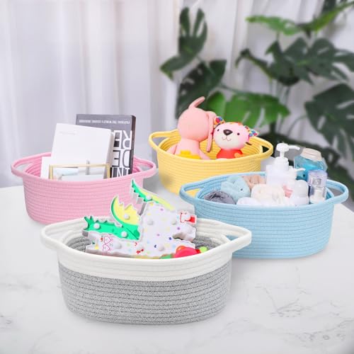 Image of ABenkle Small Basket with Handles, Boho Decorative Rope Woven Dog Cat Toy Storage Bin Shelf Storage Organizer, Easter Christmas Gift Basket, 12 inchx8 inchx5 inch