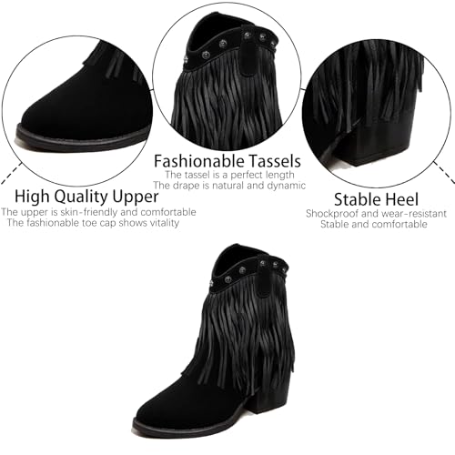 Suede Fringe Chunky Heel Western Boots for Women Retro Fashion Studded Pointed Toe Pull-on Mid Heel Tassel Cowboy Ankle Boots for Country Music Prom Dress Short Booties3