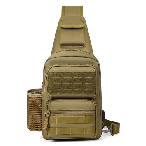 HUNTVP Taktische Brusttasche Herren Sling bag Militär Schultertasche Umhängetasche Tactical Chest Bag MOLLE Crossbody Bag für Alltag Reisen Wandern Camping (Braun)