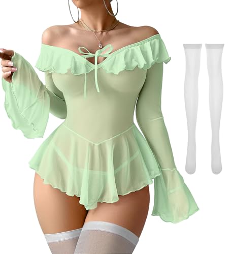 Image of Foxiny Sheer Ruffle Long Sleeve Babydoll Lingerie Dress | Off-shoulder neckline, flared cuffs and a flounce hem add movement; thong and thigh-high stockings complete the 3-piece set