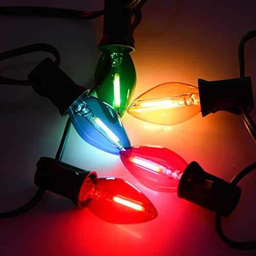 Image of C7 Christmas Lights Multicolor 25Ft Outdoor Patio String Light with 27 LED Clear Multicolor Bulbs, Vintage Christmas Lights for Outdoor Roofline Xmas Garden Wedding Party Decorations- Green Wire