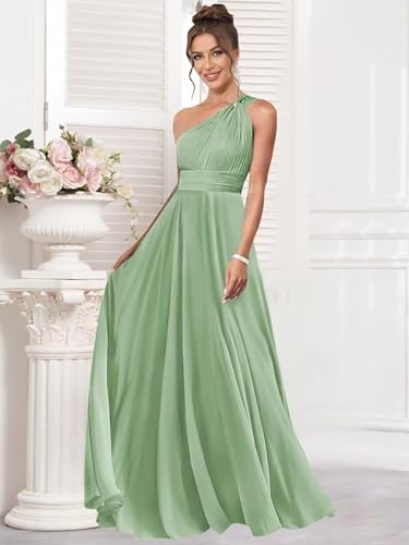 One Shoulder Bridesmaid Dresses with Pocket for Women Long A Line Formal Dress with Slit Ruched Chiffon Evening Gown4