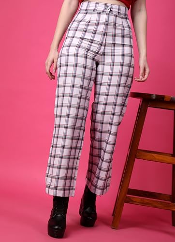 Image of POPWINGS Casual Check Print Button and Zip Closure Trouser for Women | Western Wide-Leg Trouser for Women | Summer Trousers for Women | Comfortable Semi-Formal Work Trouser for Women