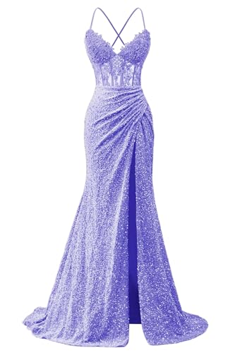 Sequins Prom Dresses Sparkly Corset Lace Appliques Spaghetti Straps Mermaid Long Slit Evening Gowns for Women 2025