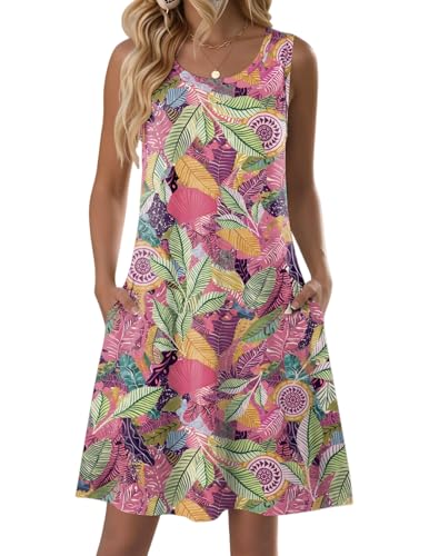 Zeagoo Vestido de Flores para Mujer Vestido de Verano Ligero Vestido de Tirantes Playa con Bolsillos Rosa Verde Hojas L
