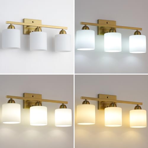 Image of Mecgirn Stainless Steel Milk Glass Vanity Lights for Bathroom, 3 Light Gold Bathroom Light Fixtures Over Mirror, Ceramic E26 Sockets Wall Mounted