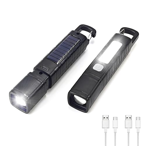 Hilngav 2 Pack Solar Flashlight Rechargeable Zoomable LED Flashlight High Lumens Solar Powered Flashlights with Tail Hook Rechargeable Handheld Flashlights for Home Emergency Camping Hiking