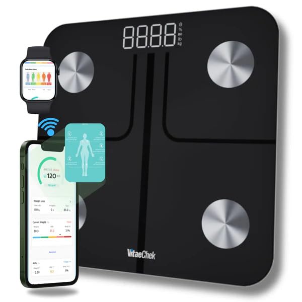 VitaeChek Bilancia Pesapersone Digitale, Bilancia Impedenziometrica in Vetro Temperato, Fino a 180 kg, Bilancia Smart Dotata di 13 Misurazioni (BMI/Grasso corporeo/BMR/Muscoli), 28 cm