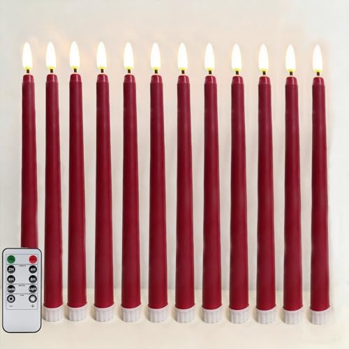 Ni-JASW Burgundy Flameless Taper Candles with Remote Flickering Battery LED Candlesticks Wedding Decor Set of 12