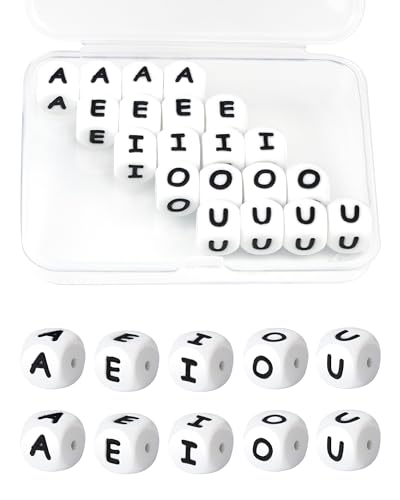20Pcs FIVEIZERO Silicone Letter Beads White 12mm Vowels Alphabet Beads Square Letter Bead for Bracelets and Keychains Large Letter Bead for Necklaces and Lanyards Making