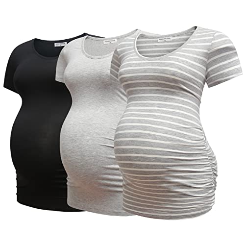Image of Bearsland Womens Maternity Tshirt 3 Packs Classic Side Ruched Tee Top Mama Pregnancy Clothes