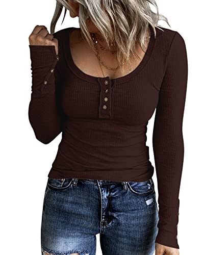 Image of KINLONSAIR Women Long Sleeve Henley Shirts Scoop Neck T-shirt Basic Tops | Lightweight Soft Ribbed Knit Tees, Casual Tunics,Slim Fit Button Up Top,Spring Outfits, Fall Winter Layering,Daily Wear