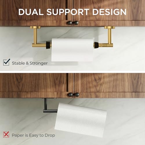 Image of FORIOUS Paper Towel Holder Under Cabinet, SUS304 Wall Mounted Commercial Paper Towel Holder, One-Handed Tear Hanging Paper Roll Holder with Ratchet Mechanism for Kitchen Bathroom (Brushed Gold)