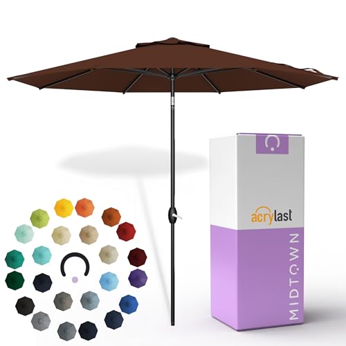 Image of Midtown Umbrellas - The Lean 10 Ft Patio Umbrella with 10-Year-No-Fade Acrylast Acrylic Fabric, Auto-Tilt and 8 Reinforced Ribs for Deck, Pool, Garden, Hotel & Cafes - Cedar Wood Canopy, Black Pole