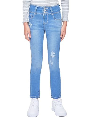 YMI Jeans Girls 3 Button Essential Skinny Jeans with Faux Front Pockets, Light Blue Rips, 12