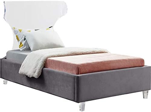 Meridian Furniture Ghost Collection Modern  Cama tapizada de terciopelo contemporáneo con cabecera y patas acrílicas, individual, gris