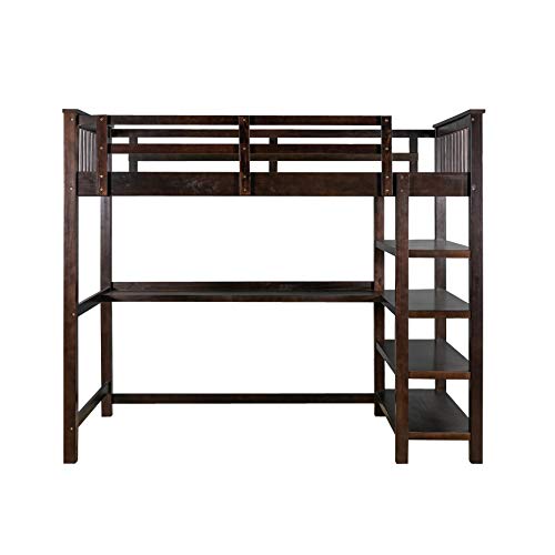 Image of Harper & Bright Designs Twin Loft Bed with Desk and Storage Shelves, Wood Loft Bed with Ladder, for Kids, Teens, Adults (Espresso)