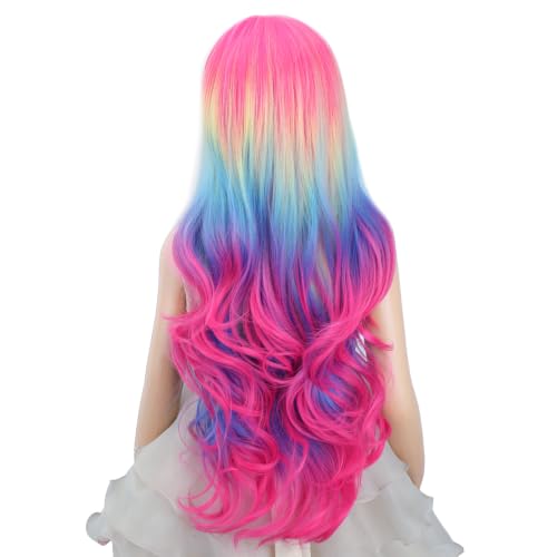 Image of Kid Ombre Rainbow Wig Long Rainbow Middle Part Wig for Child Girl Long Wavy Curly Wigs Heat Resistant Synthetic Wigs for Daily Party Use