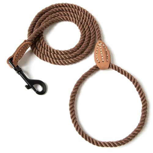 Mile High Life Dog Leash, Braided Cotton Rope Leashes with Leather Tip - Heavy Duty Metal Clasp, 4FT, 1/3" Thick - Wedding, Walking Leash for Small Me