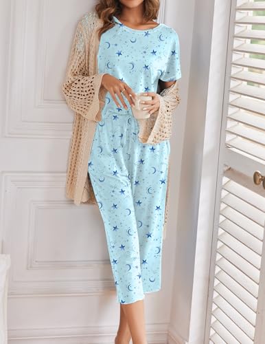 Image of Ekouaer 2 Pack Womens Pajamas Sets Short Sleeve Tops and Capri Pants Pjs Colorful Printed Sleepwear Sets