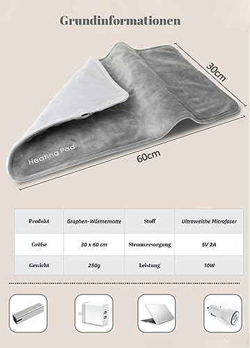 Tragebar USB Heizkissen 5V, Waschbar Winter Wärmekissen Graphen-Reisedecke 30 x 60cm Hand-Fuß-Wärmer Wärmedecken zur Rücken-, Nacken-, Schulter und Krampflinderung GRAU