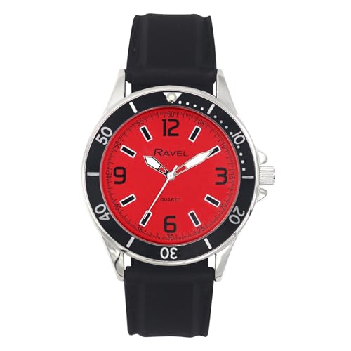 Ravel - Men's Sporty Black Silicon Strap Watch with Top Ring on Silver Tone Case - Analogue Quartz - RS002.08 - Red Dial